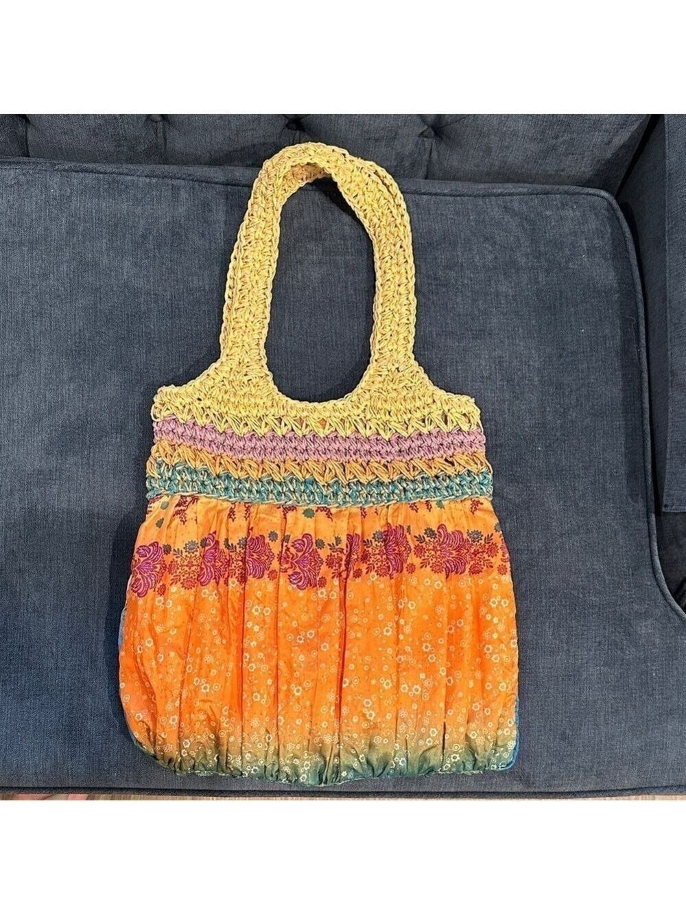 Cappelli Straworld Multicolor Crochet and Fabric Tote Bag, Beaded tassels